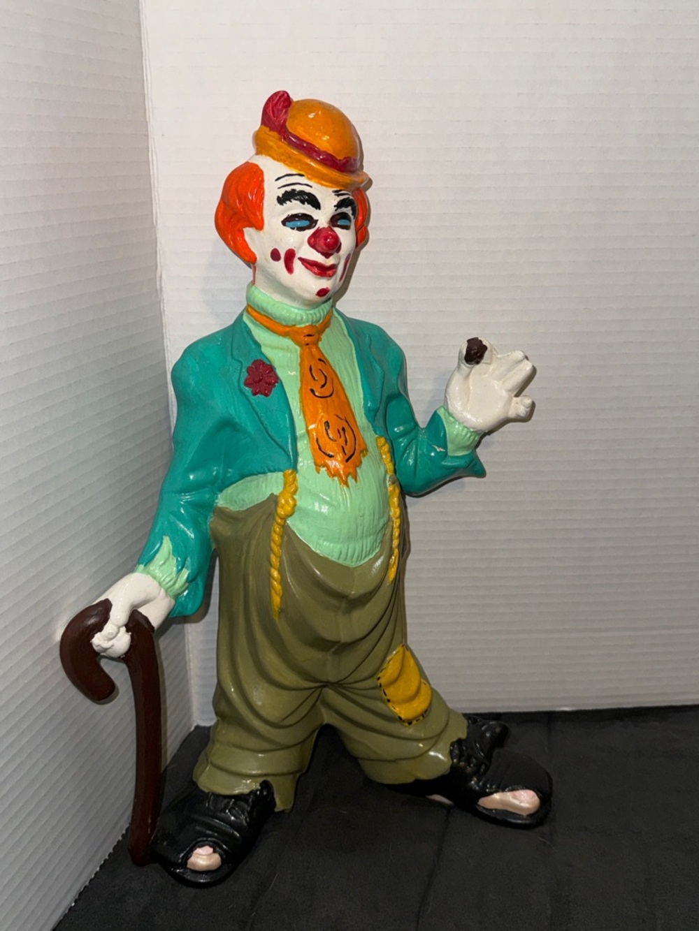 Clown Figurine 15” Teal Jacket, Orange Hat Creepy Hobo Sculpture Hand Painted